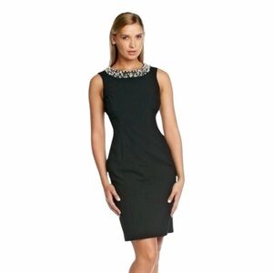 Calvin Klein Sleeveless Black Sheath Dress Pearls At Neckline Size 4